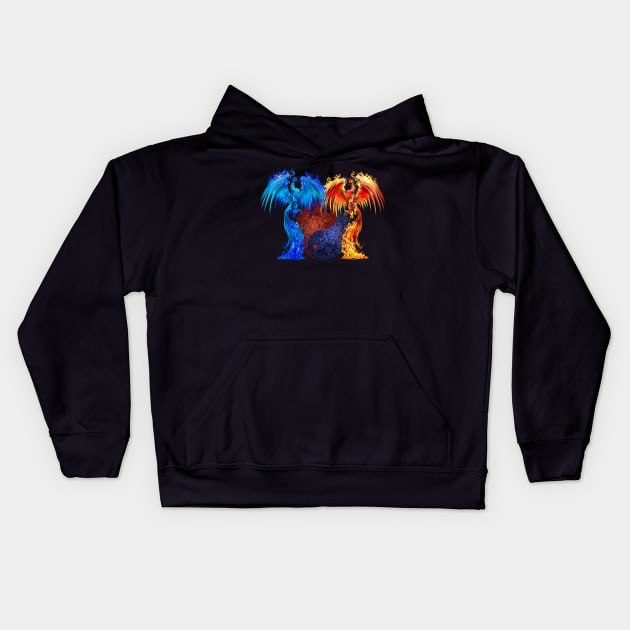 Fantasy Fire And Ice Phoenix Red Blue Yin Yang Kids Hoodie by Atteestude